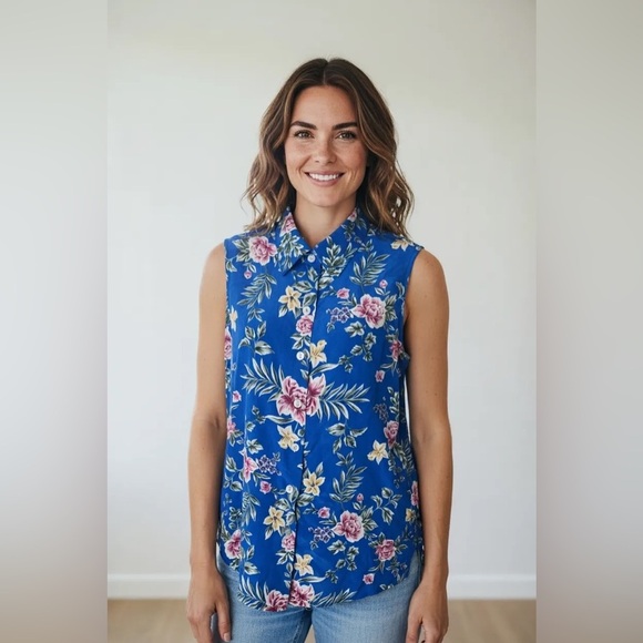 VTG Talbots Sleeveless Silk Top Shell Button Down Blue Floral Women’s Sz 10 - Picture 1 of 10